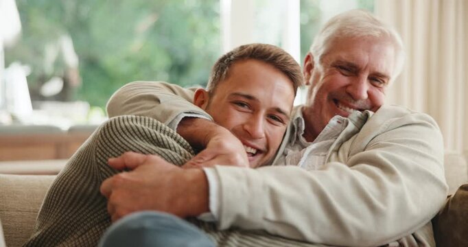 Hug, laugh and face of man with dad for bonding, playful relationship and connection in home. Family, portrait and happy son and old father for embrace, fun or relax for love, trust and weekend visit