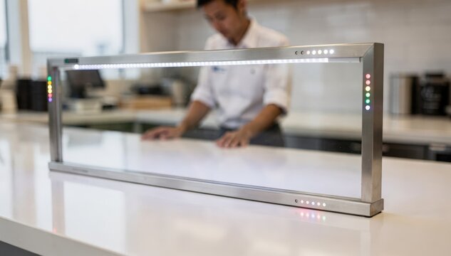 Medium shot of a smart sneeze guard with LED indicators glowing softly highlighting proximity sensors alerting staff for timely cleaning and hygiene maintenance.