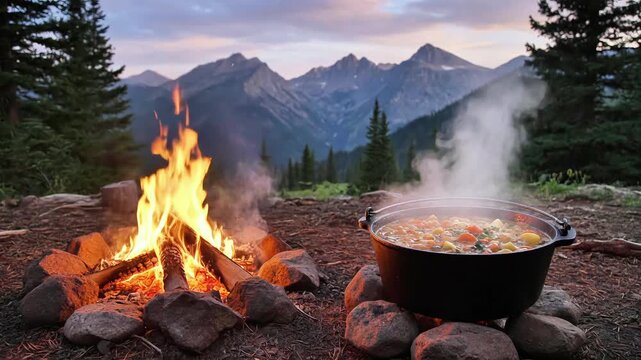 Cooking vegetable stew in cast iron pot over campfire with mountain view mountains outdoor adventure wilderness nature