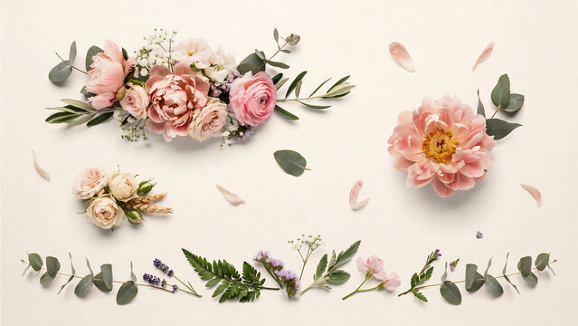 Pink peony flowers and green eucalyptus leaves arrangement isolated on a transparent background