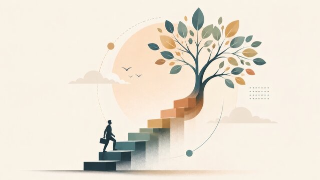 Minimal vector illustration of an upward staircase evolving into a growing tree, symbolizing business growth with geometric design, gradients, and grain texture. Created with Generative AI.