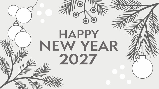 Happy New Year 2027 Minimalist Illustration with Pine Branches