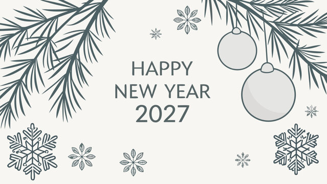 Happy New Year 2027 Minimalist Illustration with Pine Branches