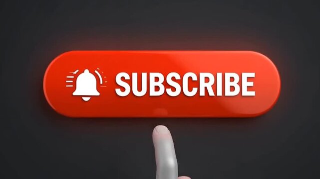 3D Red Subscribe Button with Bell Icon Animation and Hand Cursor Click on Dark Background