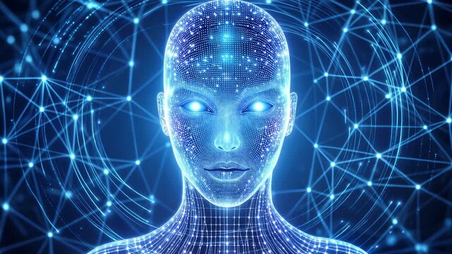 Artificial intelligence head with glowing eyes and digital neural network. Futuristic humanoid cyborg concept with blue light patterns. Static medium shot.