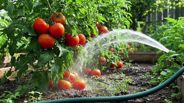 Watering ripe red tomatoes on vine with garden hose vegetables farming agriculture harvest organic
