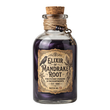 Vintage apothecary glass bottle with dark purple magical potion on transparent background