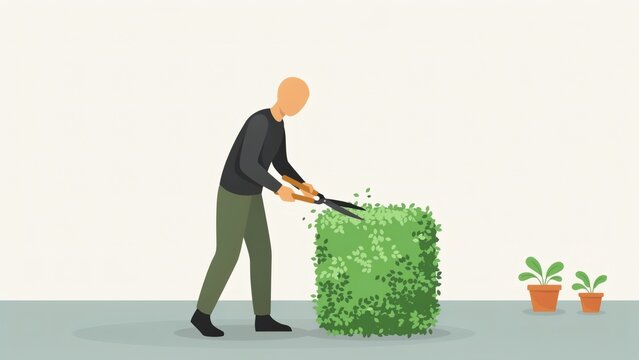 Gardener trimming green hedge bush with shears with shears potted plants man trimming large shears illustration maintenance landscaping with manicuring