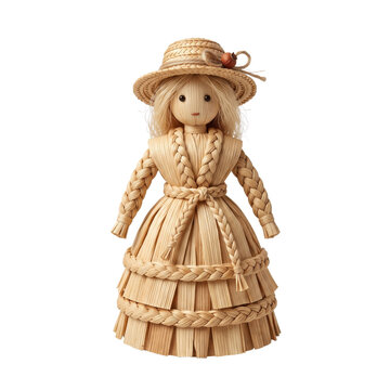 Traditional handcrafted straw doll figure with braided dress transparent on transparent background