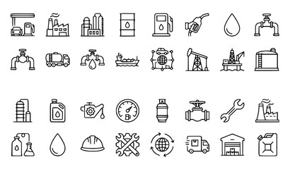 Fototapeta premium Set of hand drawn oil and gas industry icons featuring extraction production transport and fuel distribution elements