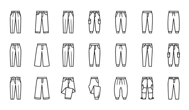 Set of various pants and trousers flat vector line icons for fashion design and clothing store catalog