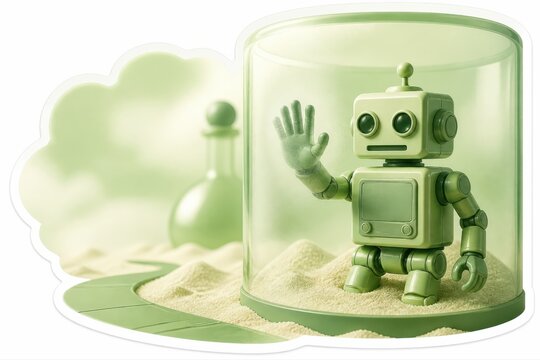 Green toy robot in glass dome with sand for futuristic concept background