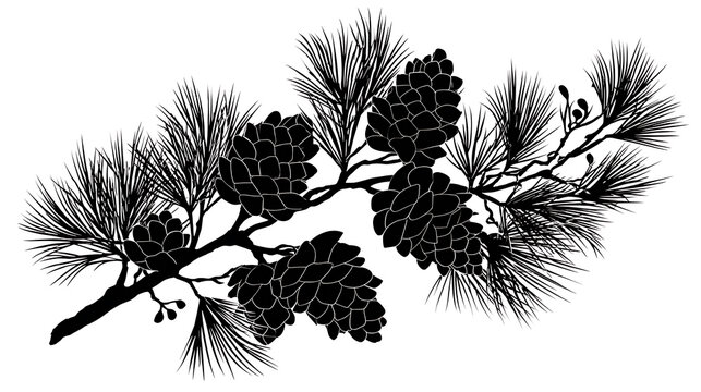 A striking silhouette of a pine branch adorned with multiple pinecones and needles. The intricate detail of the needles and the scales of the pinecones are clearly visible in this striking graphic.