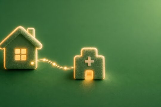 Glowing felt home healthcare concept with house and clinic connection