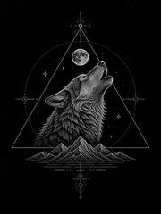 Howling wolf with moon and mountain in triangle frame. Geometric sacred line art illustration of wild animal. Minimalist mystical design element for tattoo or graphic art project.