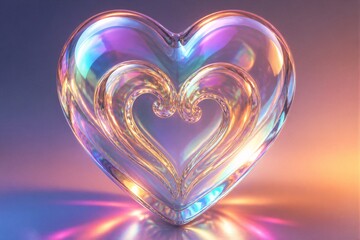 Obraz premium Glass heart sculpture reflecting iridescent light on surface
