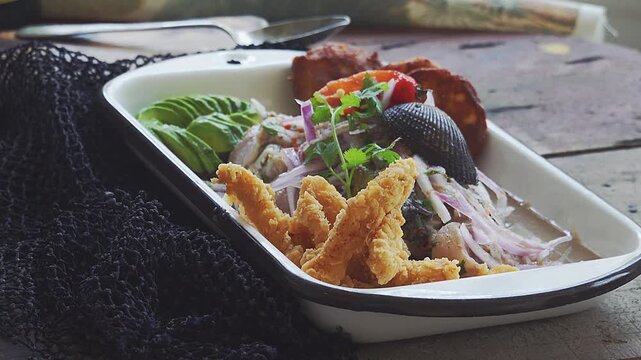 Peruvian Ceviche with Sweet Potato, Corn, and Cold Beer on Rustic Burlap
