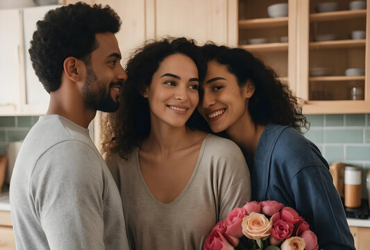 Happy diverse polyamorous couple with a man and two women smiling in a modern kitchen with a bouquet of roses, the group holds a beautiful bouquet of pink and peach roses