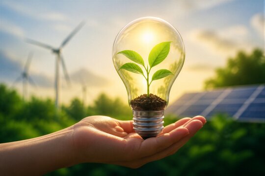 Seedling inside light bulb held over renewable energy field