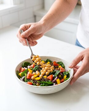 Fresh Chickpea Salad Being Mixed in a Bowl