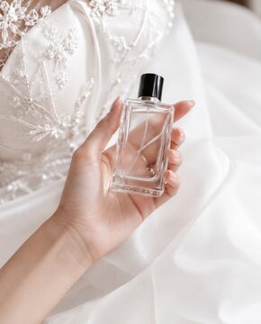Woman Holding Luxury Perfume Bottle in Bridal Dress
