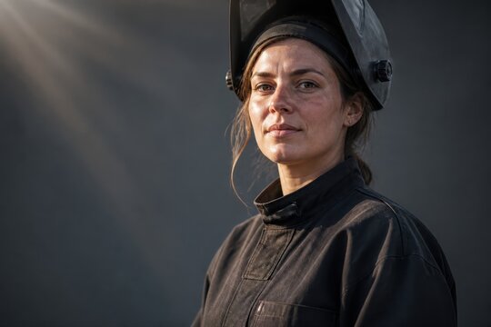 Industrial Welder Portrait in Protective Gear and Workshop Light