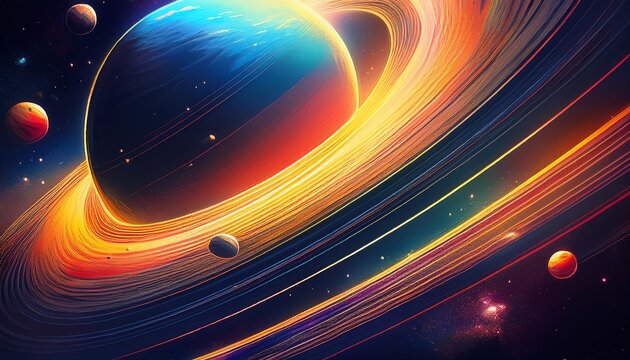 long vertical saturn rings bright yellow red and blue colors asteroids vast black outer space universe nebulas dreamy filter effect orbit portals andromeda galaxy anime drawing style