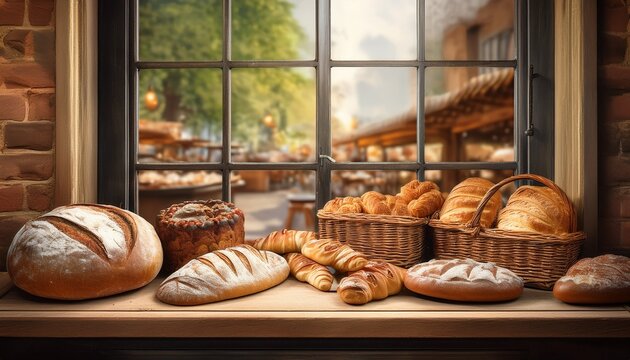 a vintage bakery window with 3d rendered organic bread and pastries arranged beautifully