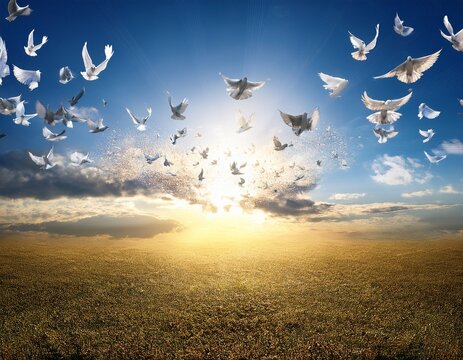 assumption day text amidst a vast expanse of clouds with numerous flying doves and bright sunlight birds