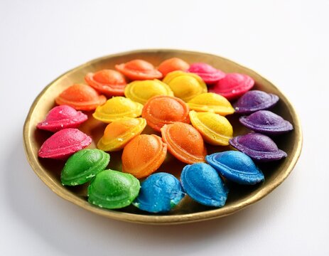 colorful rainbow colored peda sweets on white background