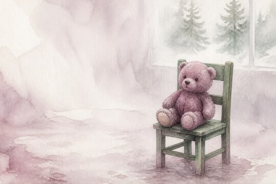 Teddy bear on chair in a soft watercolor winter landscape