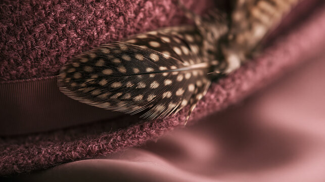 Macro shot of spotted guinea fowl feather detail on vintage burgundy wool felt hat with ribbon