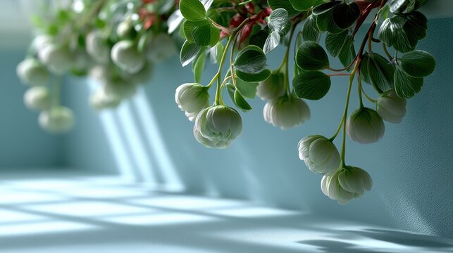 Soft pastel wellness banner with white blossoms and green foliage on a cloud-blue background