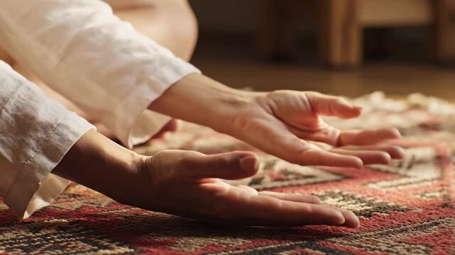 Close up shot of hands resting on woven fabric suggesting warmth and tactile connection, perfect for wellness or handmade crafts content, evokes feelings of calm serenity and comfort