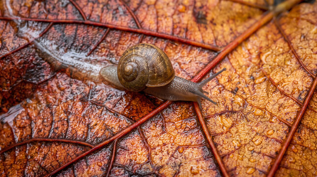 top down macro view of a snail moving across detailed veins of a wet fall leaf