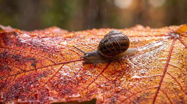 macro view of a snail gliding on wet glistening red leaf during autumn rain