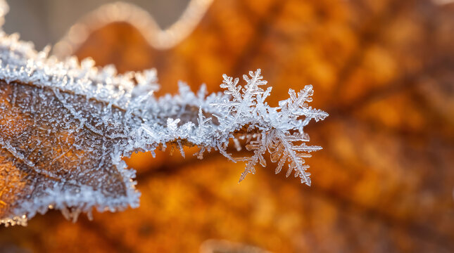 macro shot of detailed real ice snowflake crystal resting on edge of dry brown autumn oak leaf in warm sunlight
