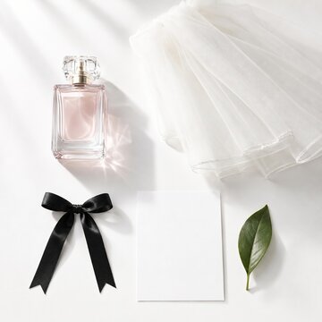 Bridal Perfume Flat Lay with Veil and Invitation Card