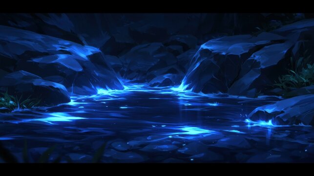 Enchanted stream flowing between dark rocks with mysterious bioluminescent blue water glow. Ideal for fantasy game environments or magical forest concepts.