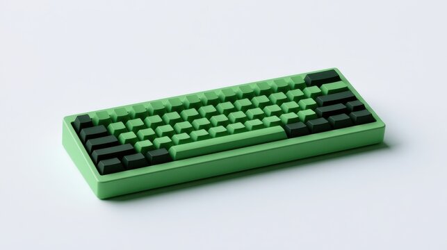 A green mechanical keyboard with dark and light keycaps isolated on white background. This tech accessory is perfect for gaming or productivity workspace concepts.