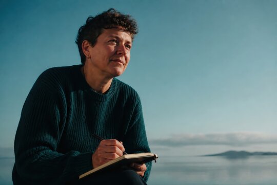 Journaling Woman by the Sea in Soft Evening Light