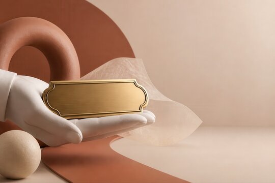 Luxury nameplate mockup on elegant beige display in gloved hands