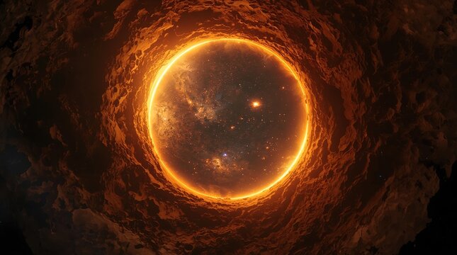A glowing cosmic ring encased in fiery nebulae and dark space clouds