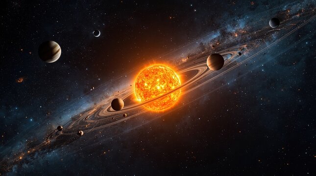Vast cosmic scene featuring a bright sun with planets and rings in orbit around it