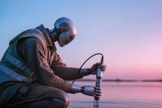 Android at sunset by calm water with reflective futuristic mood