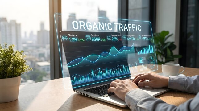 Professional working on a laptop with holographic seo data visualization showing organic traffic growth and digital marketing analytics