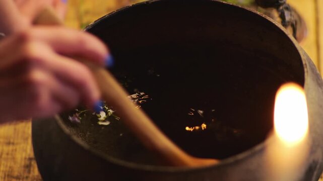 The hand stirs the liquid in the cauldron 