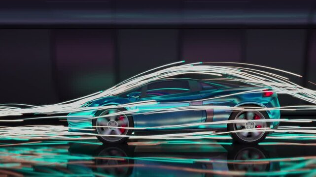 Sports car wind tunnel aerodynamic testing. Glowing white airflow lines flow over a metallic blue vehicle on a reflective dark studio floor. Seamless CG loop for auto industry tech promos.
