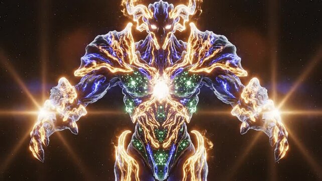 Epic Celestial Being: Cosmic Titan's Fiery Aura in a Starfield, Astral Energy and Powerful Presence