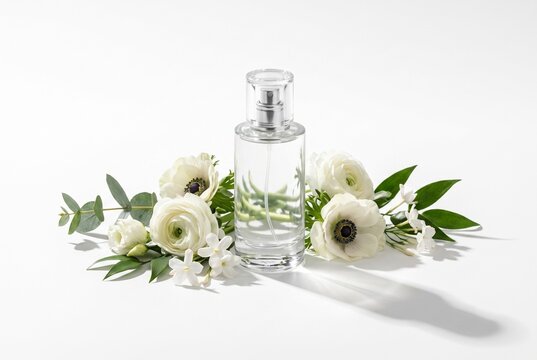 Elegant Perfume Bottle with White Flowers on White Background